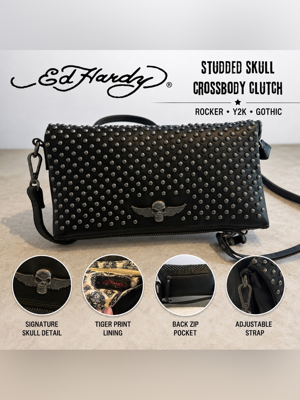 Ed Hardy Black Studded Skull Wing Crossbody Clutch Bag Rocker Gothic Y2K